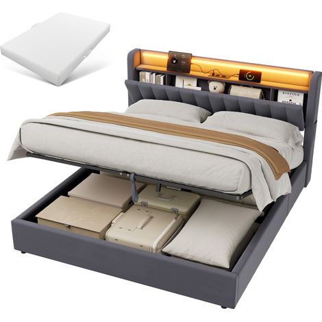 Cama 180x200 cm con almacenaje oculto, cabecero de terciopelo gris oscuro, puerto USB y luz ambiental, estructura de metal y madera reforzada para dormitorio CHICFURN (1/5)