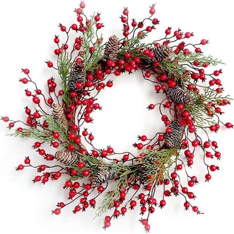 Couronne de rotin avec baies rouges artificielles, pommes de pin et fausses feuilles vertes, guirlande artificielle pour porte d'entrée, style rustique, décoration de Noël et d'Halloween. (1/5)