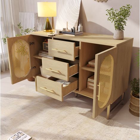 Aparador 120x40x74 cm roble Sonoma en madera y metal con 3 cajones, 2 puertas efecto ratán y estante ajustable (1/5)