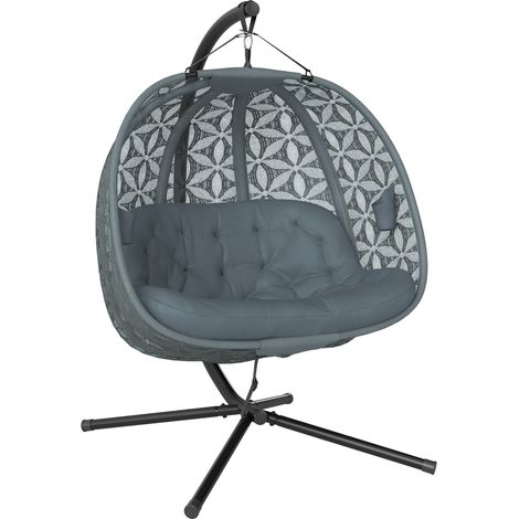 Outsunny Double Hanging Swing Chair w/ Stand & Cup Holders, Charcoal Grey