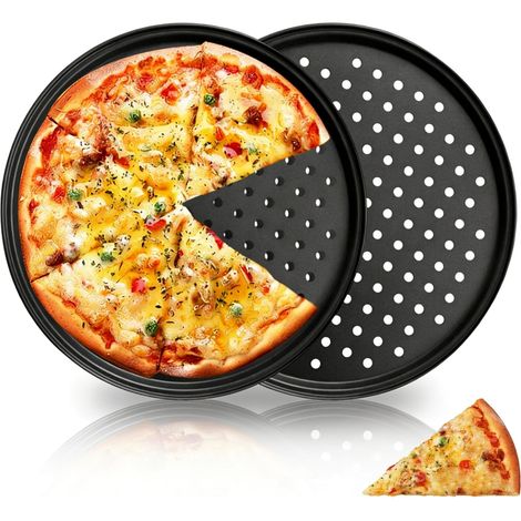 Lot de 2 Plateaux à pizza, Acier au carbone, Revêtement antiadhésif, Perforé, Cuisson uniforme, Four domestique