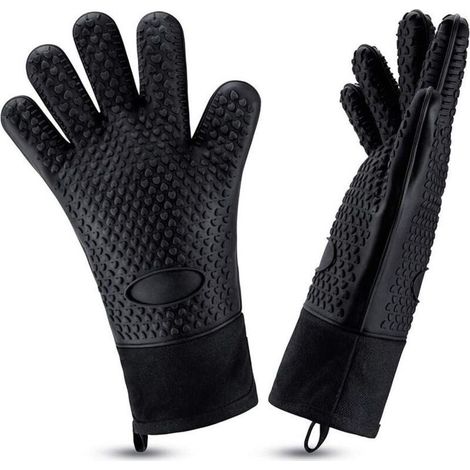 Gants de barbecue en silicone résistant à la chaleur, longs et imperméables avec intérieur en coton pour barbecue, cuisine et pâtisserie (noir) (1/4)