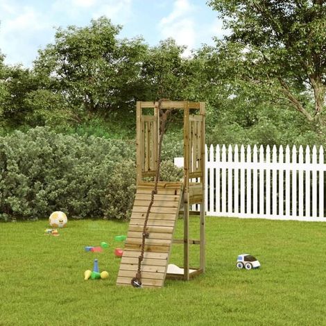 Jeu extérieur enfant : Tour de jeu Marron 53 x 110,5 x 214 cm Bois solide imprégné jeu extérieur enfant, aire de jeu jardin, balançoire enfant , pour jardin, usage domestique , enfant 3-8 ans (1/5)