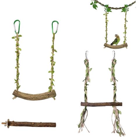 Juego de 3 Accesorios para Jaulas de Pájaros, con 2 Columpios de Diferentes Tamaños y 1 Percha, Juguetes de Madera Natural para Periquitos, Cacatúas, Agapornis y Pájaros Pequeños Medianos (1/5)