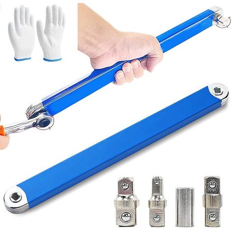 Versetzter Verlängerungsschlüssel, Winkelverlängerungsschlüssel mit 1/2-Zoll-, 1/4-Zoll- und 3/8-Zoll-Gelenken, vielseitig einsetzbar für beengte Platzverhältnisse (Blau, inklusive Handschuhe) (1/5)