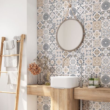 Crédence adhésive salle de bain - Motif carreaux de ciment - 60x60 cm - Adhésif BRILLANT (1/4)