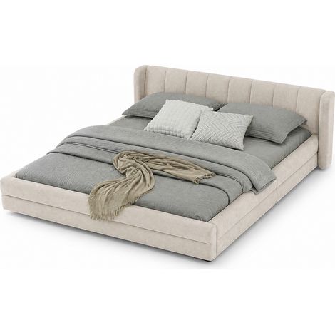 Lit 160x200 cm capitonné en tissu beige, tête de lit ergonomique, structure robuste et montage facile, sans matelas CHICFURN (1/5)