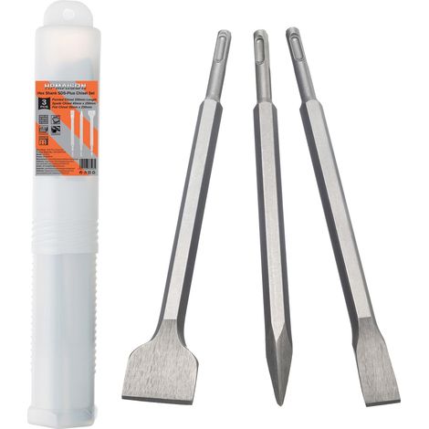 Burins SDS Plus, Tige Hexagonale Set 3 (Burin Large, Burin Plat, Burin Pointu) pour Béton, Carrelage, Blocs, Brique, Granit, pour Tous Les Marteaux à Percussion SDS Plus et Marteau électrique (1/5)