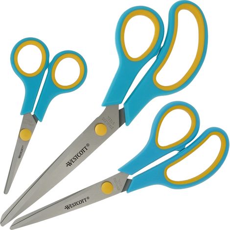 Westcott Easy Grip Scissors 3 pezzi Turchese  Set di 3 forbici universali con impugnatura confortevole  Lama in acciaio inox extra affilata e resistente  Forbici per casa e ufficio  N-90028 00 (1/4)