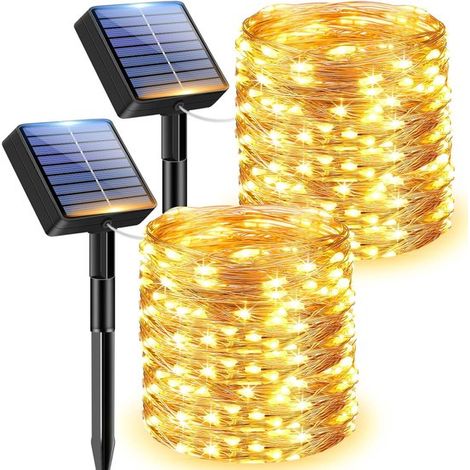 2 piezas, Luces solares hadas 12 m 100 Luces solares 8 modos Cable cobre impermeable Luces solares decorativas fiesta (Cálida [Clase energía (1/5)