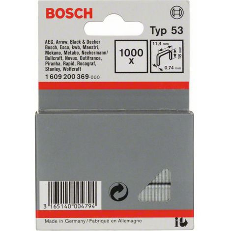 Bosch – Agrafes à fil fin type 53 1.000x 11,4 x 0,74 x 18 mm – Fixation pour matériaux fins – 1609200369