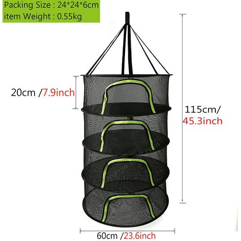 black & Green 4 Layers Hanging Drying Net For Herb Meat Plant Vegetable Fruit, Drying Basket With Zippers, Herb And Flower Dryer, Diameter 60cm