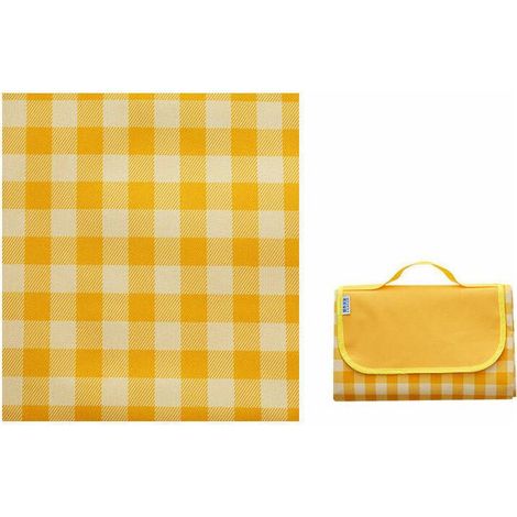 Manta de picnic impermeable y resistente a la humedad, de gran tamaño y plegable, ideal para camping, viajes, playa, jardín o como mantel (se pliega en una bolsa). Color amarillo, 150 x 200 cm. (1/5)