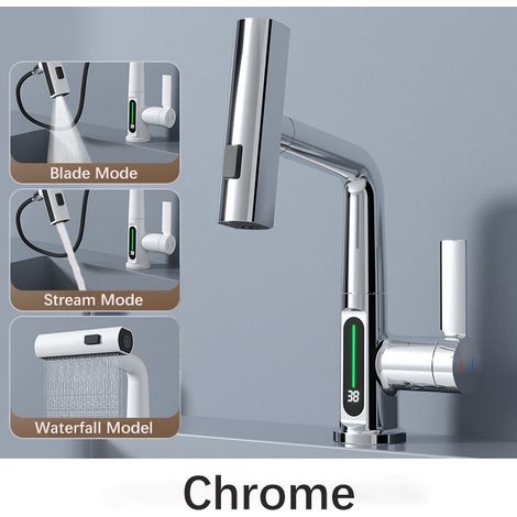 Robinet de lavabo intelligent Shinesia Rainfall – Mitigeur extractible avec écran LCD, 3 modes de pulvérisation, eau chaude et froide (1/4)