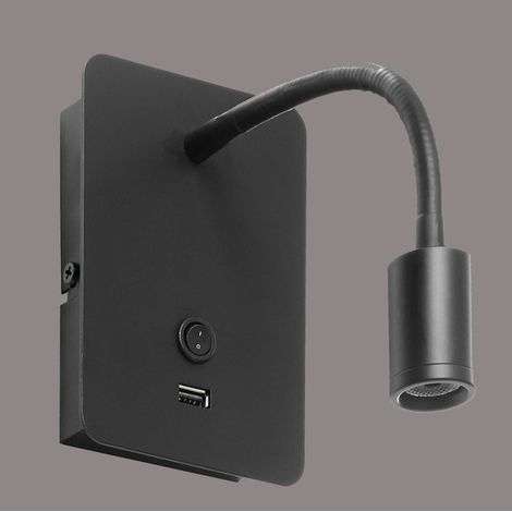 Applique murale LED noire flexible avec port USB – 160 lumens – lumière 3000 K – métal noir mat – interrupteur sur socle – Millumine (1/4)