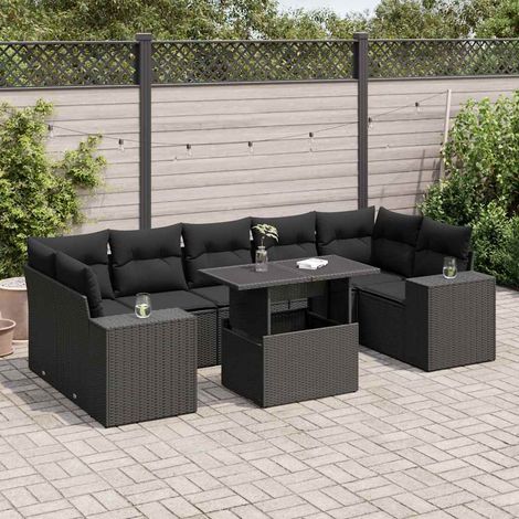 Ensemble jardin 8 places résine tressée noir avec table extensible et rangement intégré - Salon d'extérieur modulaire avec coussins lavables (1/5)