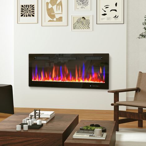 Cheminée électrique murale encastrable 900/1800W effet flamme 12 couleurs 106,7x9,4x47 noir (1/5)