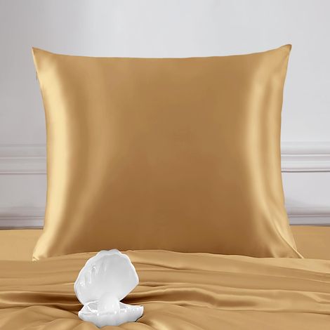 Taie d'oreiller en soie 22 momme - Taie d'oreiller en soie 100% pour oreiller de canapé poussette - Anti-acariens - Taie d'oreiller en soie avec fermeture éclair - Dorée - 80 x 80 cm (1/3)