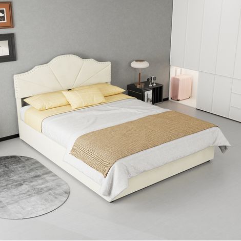 Lit coffre 140x200 cm en tissu beige, vérins hydrauliques, gain de place, sans matelas – MEUBLIV (1/5)