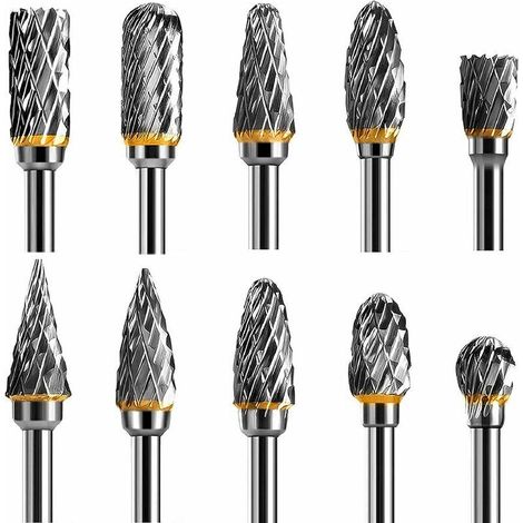 KZQ Lot de 10 fraises rotatives en carbure de tungstène à double tranchant avec tige de 1/8" pour la sculpture sur bois, le polissage du métal, la gravure et le perçage. (1/5)