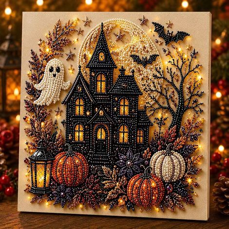 Halloween-Perlenmalerei-Set zum Selbermachen – Handgefertigtes Diamantgemälde „Magische Halloween-Nacht“ – Heimdekoration – MG2040 Schloss – 25 x 25 cm