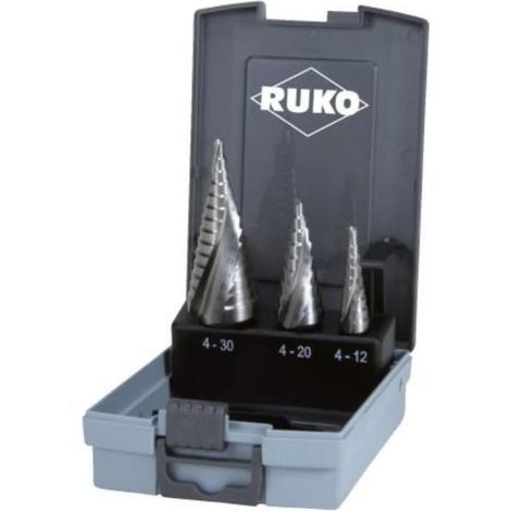 RUKO  Juego  de  brocas  escalonadas  HSS  ranura  espiral  Tamaños  0/9  /  1  /  2  3  piezas  en  estuche  de  plástico  -  101026RO (1/4)