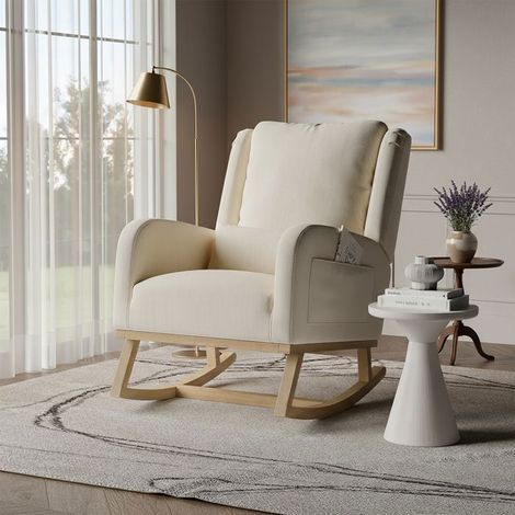 Poltrona a dondolo POCKETPOP in lino beige con cuscino — piedi in legno massello, stile scandinavo (1/5)