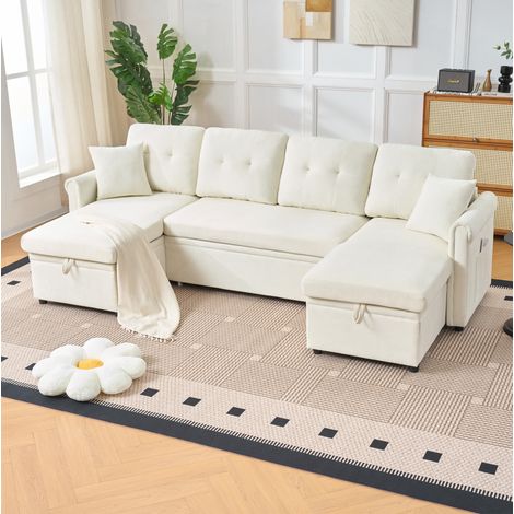 Divano angolare U 266x130x85 cm, trasformabile in letto, contenitore laterale, chenille beige (1/5)