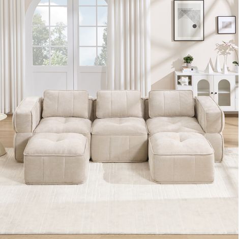 Modulares U-Sofa, 3-Sitzer mit 2 Poufs, ohne Montage, Beige HAVRYA (1/5)