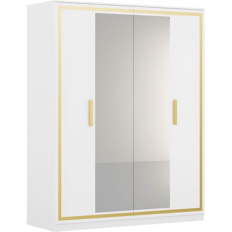 JEMMA - Armoire 4 Portes Laquée Blanc et Décor Doré avec Miroirs (1/3)
