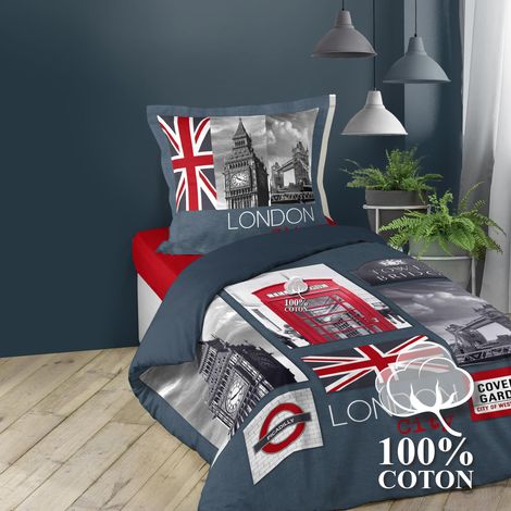 Housse de couette enfant 140 x 200 cm coton + 1 taie Londres Big ben (1/3)