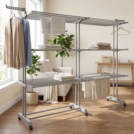Étendoir à Linge avec Roulettes, Séchoir à Linge Pliable à 4 Niveaux avec Ailes, pour Balcon, Montage Facile, Gris (1/5)