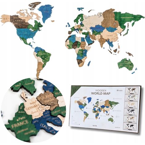 Carte du monde en bois 3D XXL multicolore 181 x 100 cm - Puzzle en bois (1/5)