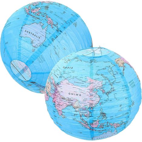 Lot de 2 lanternes en papier représentant une carte du monde, idéales pour décorer un globe terrestre lors d'une fête.-30.00X30.00X30.00CM-Sky-blue (1/3)