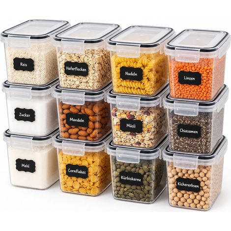 Relaxdays Botes Herméticos para Cocina Set de 12 Tarros Despensa con Clic y Etiquetas, Plástico, 0,8 L, Transparente (1/5)