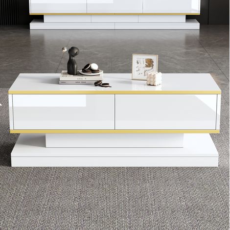 Mesa de centro 100x50x38 cm con 2 cajones, blanco brillo y borde dorado (1/5)