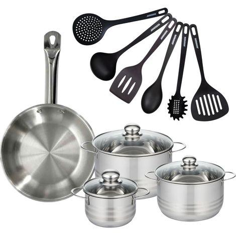 Set 1 poêle 28 cm en inox, 3 faitouts inox 16, 20 et 24 cm et 6 ustensiles RPET Fackelmann Eterna (1/5)
