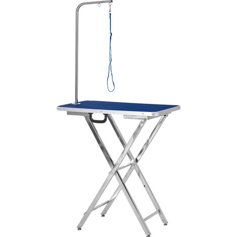Table de toilettage pour animaux avec plateau antidérapant, pieds pliables, poignée et accoudoir, 72 x 45 x 74-81 cm, bleue (1/5)