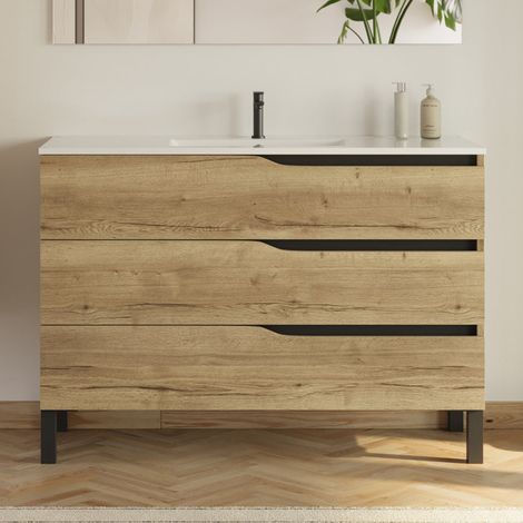Meuble sous vasque seul, 3 tiroirs, 120cm, pour simple vasque - madera miel (chêne clair) - MATA (1/3)