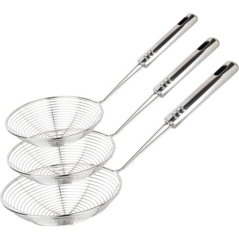 Set di 3 mestoli in filo metallico stile asiatico con schiumarola in acciaio inox e manico per cucinare, friggere, pasta, spaghetti, noodles
