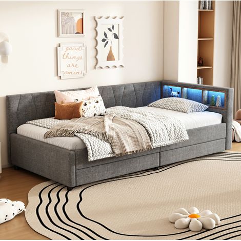 cama 90x200 con cajones USB y LED lino gris OKMYHOME (1/5)