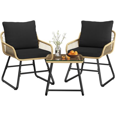 Homevive Conjunto de Bistró Set de Ratán 3 Piezas, 2 Sillas con Cojines y 1 Mesa de Café de Cristal para Balcón/Porche/Patio,Color Beige Oscuro/Negro (1/5)