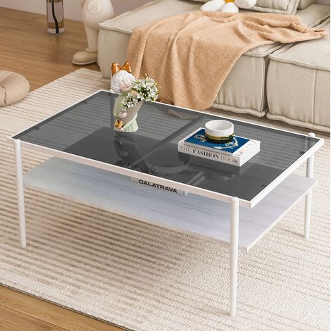 Mesa de centro rectangular de vidrio templado, 97,5 x 61,5 x H45 cm, gris y blanco HAVRYA (1/5)