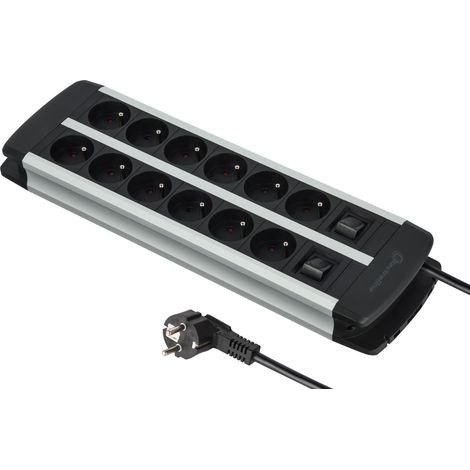Alu-Line Bloc Multiprise 12 Prises, Câbles H05VV-F 3G1.5mm, 2M, 2 interrupteurs (1 x 6 prises),protection contre les surcharges (1/5)