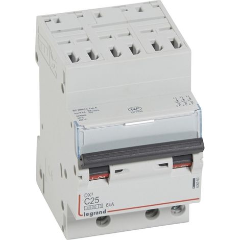 Disjoncteur DX³4500 6kA arrivée haute et sortie basse bornes à vis tripolaire 400V 25A courbe C 3 modules LEGRAND 406903 (1/2)