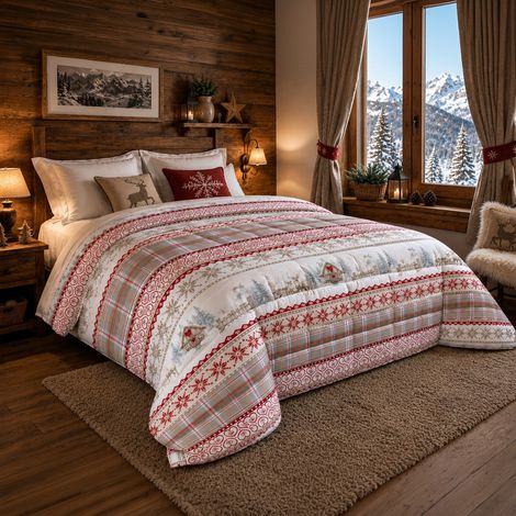 Courtepointe à nœud Red Winter Forest, couette d'hiver de 300 g/m² en microfibre Manopesca, fabriquée en Italie 1 CARRÉ