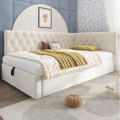 Cama individual 90x190 cm de terciopelo beige, con almacenaje para salón, sin colchón -FLORAGRACE (1/5)