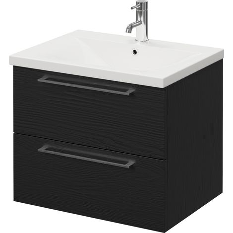 Napoli 460 Nero Oak 600mm Wall Mounted 2 Drawer Vanity Unit with Glide Basin - 600mm - Chrome 320mm Handle