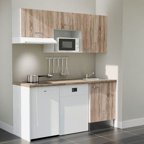 Kitchenette K55L-PT - 180 cm avec plan de travail et évier - Façade Bois - Plan Bois - Evier Inox - Crédences Non