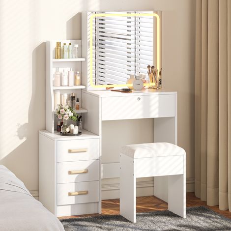 Coiffeuse en Bois 85x130x36cm Table de Maquillage Blanche avec Miroir LED Coulissant Lumineux et Tabouret Moderne Chambre (1/5)